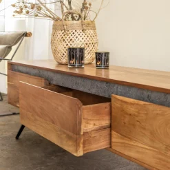 Meuble TV en bois d'acacia et pierre Yvan