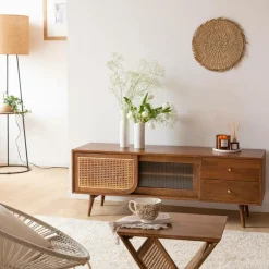 Meuble TV en bois de manguier et cannage Charline