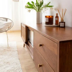 Meuble TV en bois de manguier et cannage Charline