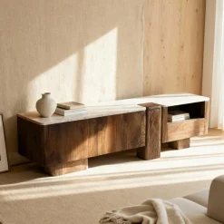 Meuble TV en bois de manguier et en travertin Carola