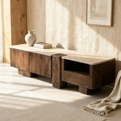 Meuble TV en bois de manguier et en travertin Carola