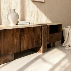 Meuble TV en bois de manguier et en travertin Carola