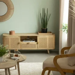 Meuble TV en bois de manguier et cannage Palma