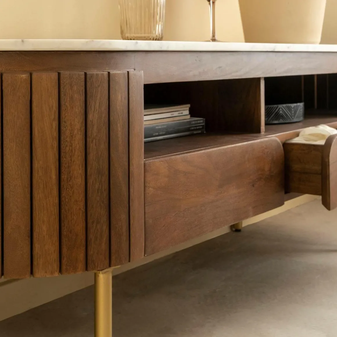 Meuble TV en marbre et bois de manguier Sienne