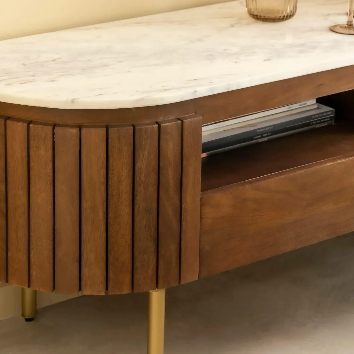 Meuble TV en marbre et bois de manguier Sienne