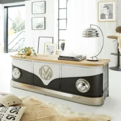 Meuble TV noir avec plateau en bois de manguier Combi