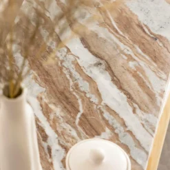 Meuble TV ovale en bois de manguier et marbre Isabella