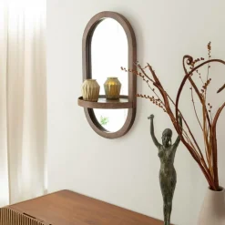 Miroir ovale avec étagère en bois de manguier Marley
