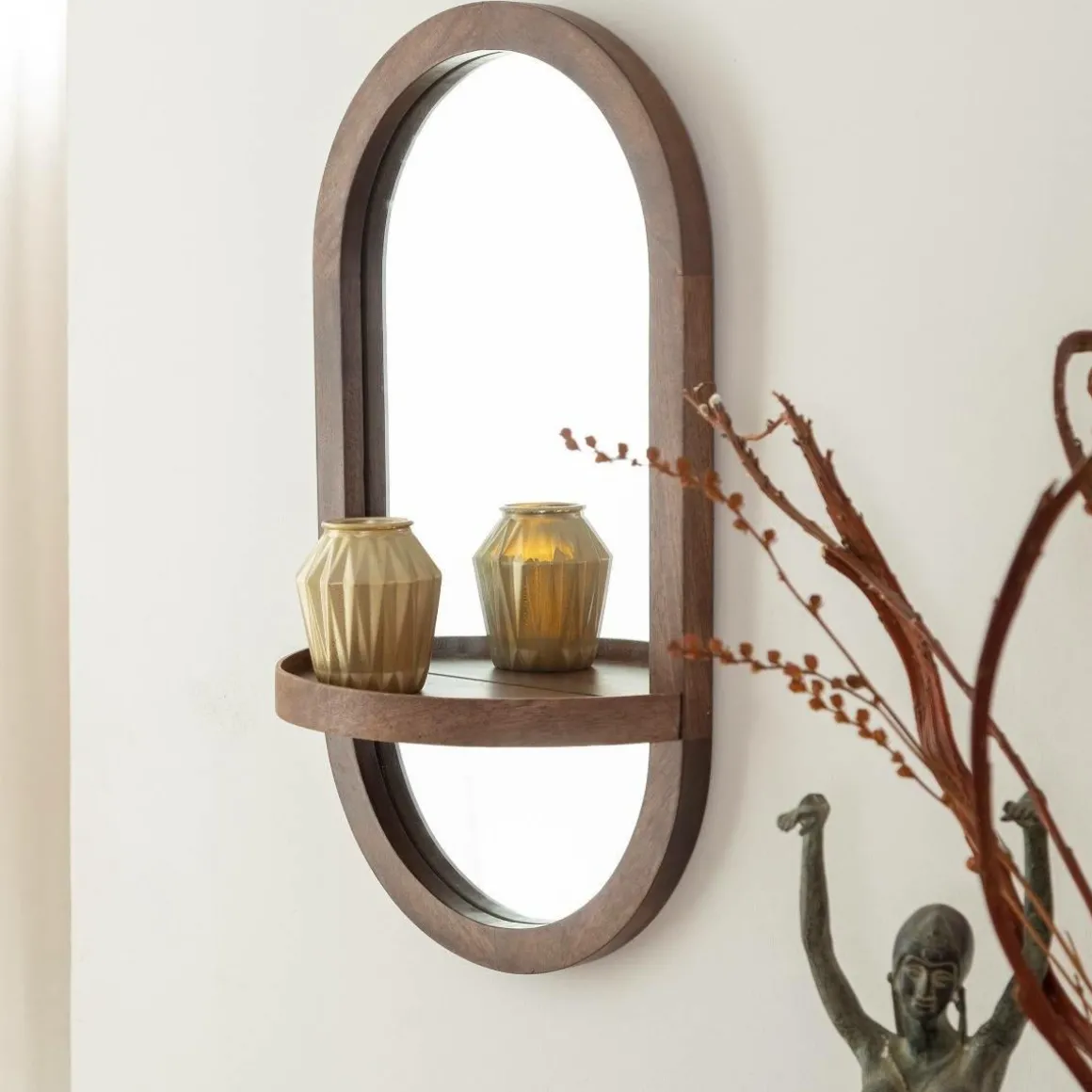 Miroir ovale avec étagère en bois de manguier Marley