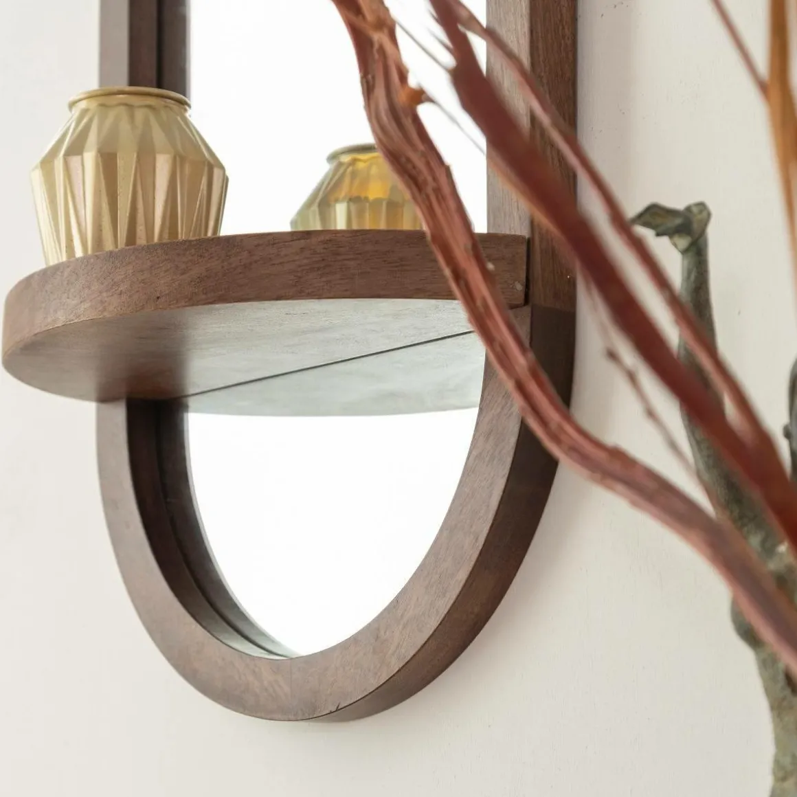 Miroir ovale avec étagère en bois de manguier Marley