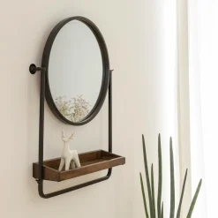 Miroir rond avec étagère en bois et métal Gary