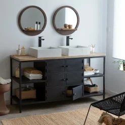 Miroir rond avec étagère en bois de manguier Marley