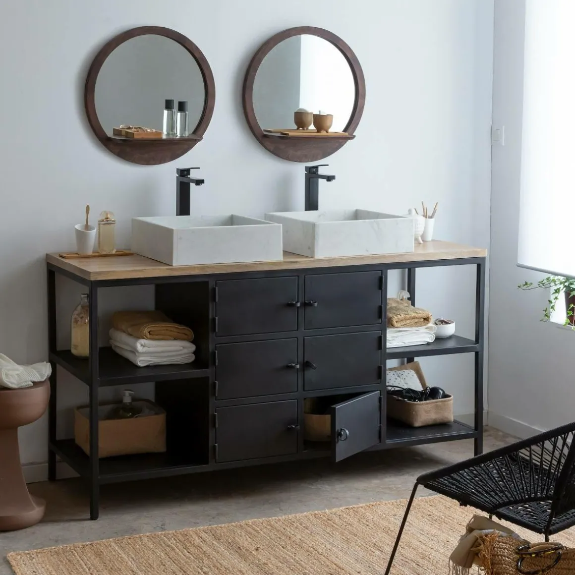 Miroir rond avec étagère en bois de manguier Marley