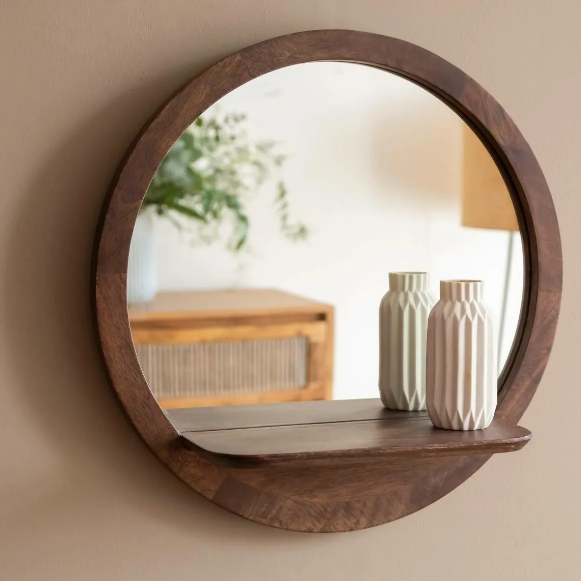 Miroir rond avec étagère en bois de manguier Marley