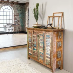 Petit buffet à  lattes en bois coloré Ethnik