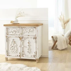 Petit buffet blanc en pin massif brossé Bastille