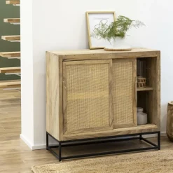 Petit buffet en bois de manguier et cannage Rim