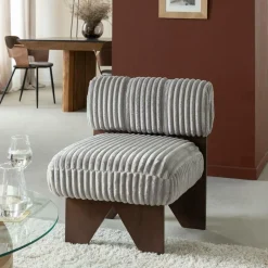 Petit fauteuil carré en velours côtelé et bois d'hévéa gris Eleonor
