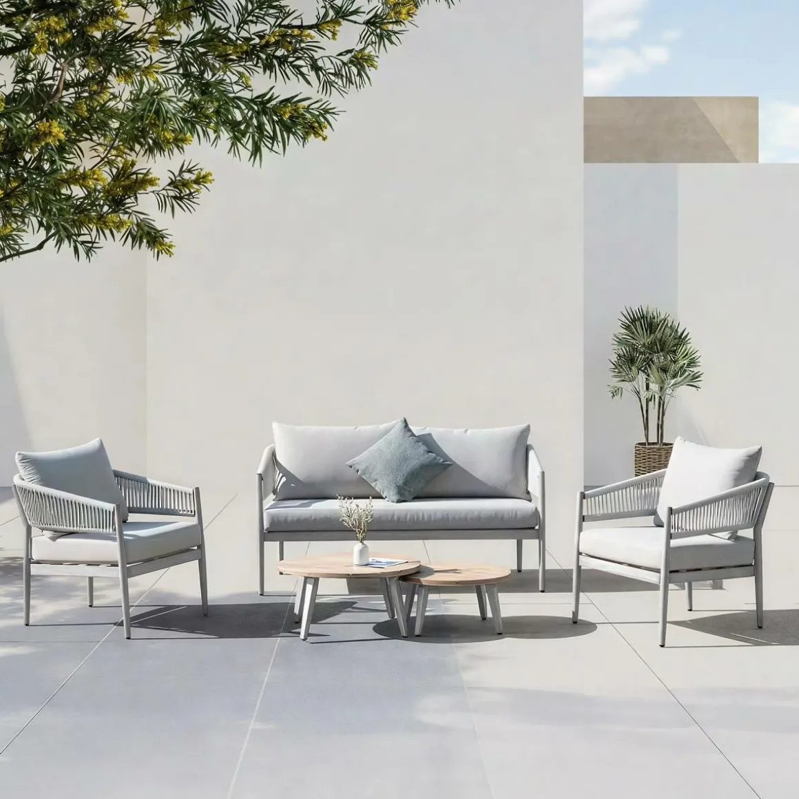 Salon de jardin à cordes 5 places gris taupe Sayen