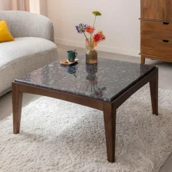 Table basse carrée en bois de manguier et marbre noir Ilithe