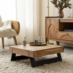 Table basse carrée en bois d'acacia et métal Cassius