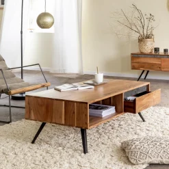 Table basse en bois d'acacia et pierre Yvan