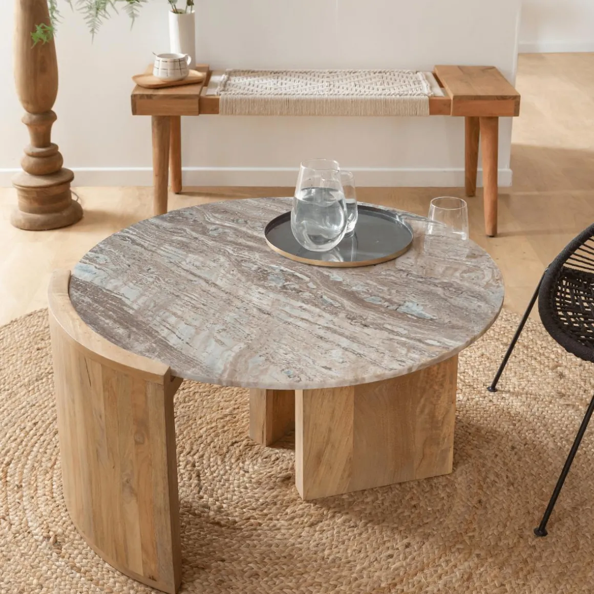 Table basse en bois de manguier et marbre Isabella