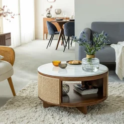 Table basse en bois de manguier, cannage et marbre Brook