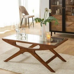 Table basse en bois de manguier et verre Alina