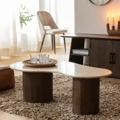 Table basse en bois de manguier et en travertin Carola