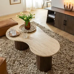 Table basse en bois de manguier et en travertin Carola