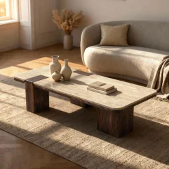 Table basse en bois de manguier et travertin Carola