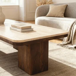 Table basse en bois de manguier et travertin Carola