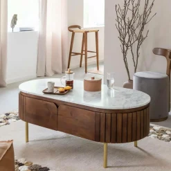 Table basse en bois de manguier et marbre Sienne