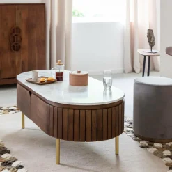 Table basse en bois de manguier et marbre Sienne