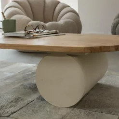 Table basse ovale en bois effet béton et bois d'acacia Dalva