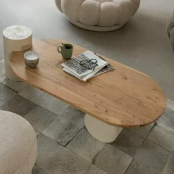 Table basse ovale en bois effet béton et bois d'acacia Dalva