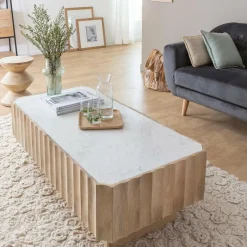 Table basse rectangulaire en bois de manguier et marbre blanc Moana