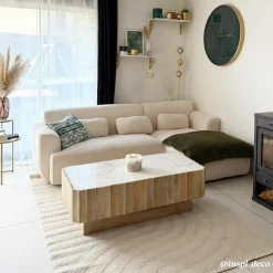 Table basse rectangulaire en bois de manguier et marbre blanc Moana