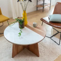 Table basse ronde en bois d'acacia et marbre Homère
