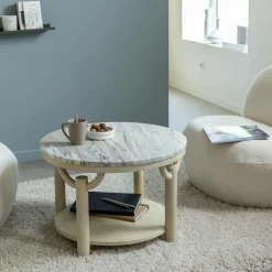 Table basse ronde en bois de manguier et marbre Isabella