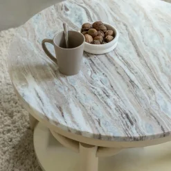 Table basse ronde en bois de manguier et marbre Isabella
