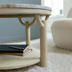 Table basse ronde en bois de manguier et marbre Isabella