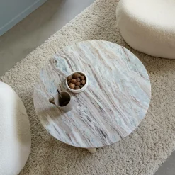 Table basse ronde en bois de manguier et marbre Isabella