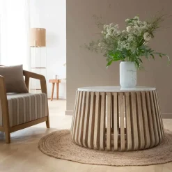 Table basse ronde en bois de manguier et marbre blanc Moana