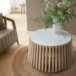 Table basse ronde en bois de manguier et marbre blanc Moana