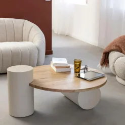 Table basse ronde en bois effet béton et bois d'acacia Dalva