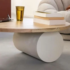 Table basse ronde en bois effet béton et bois d'acacia Dalva