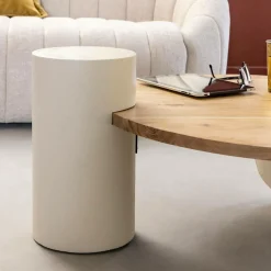 Table basse ronde en bois effet béton et bois d'acacia Dalva