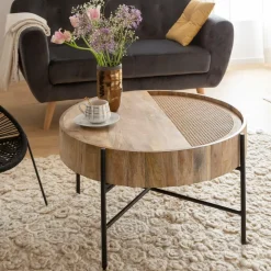 Table basse ronde en bois et en cannage Lucie